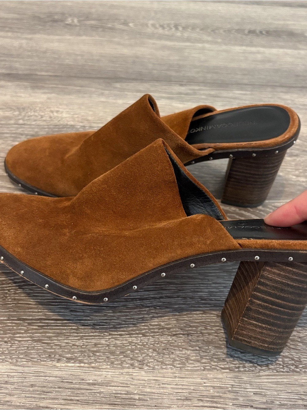 Rebecca Minkoff Galyn Suede Mule Studded Block Heel Brown Size 8